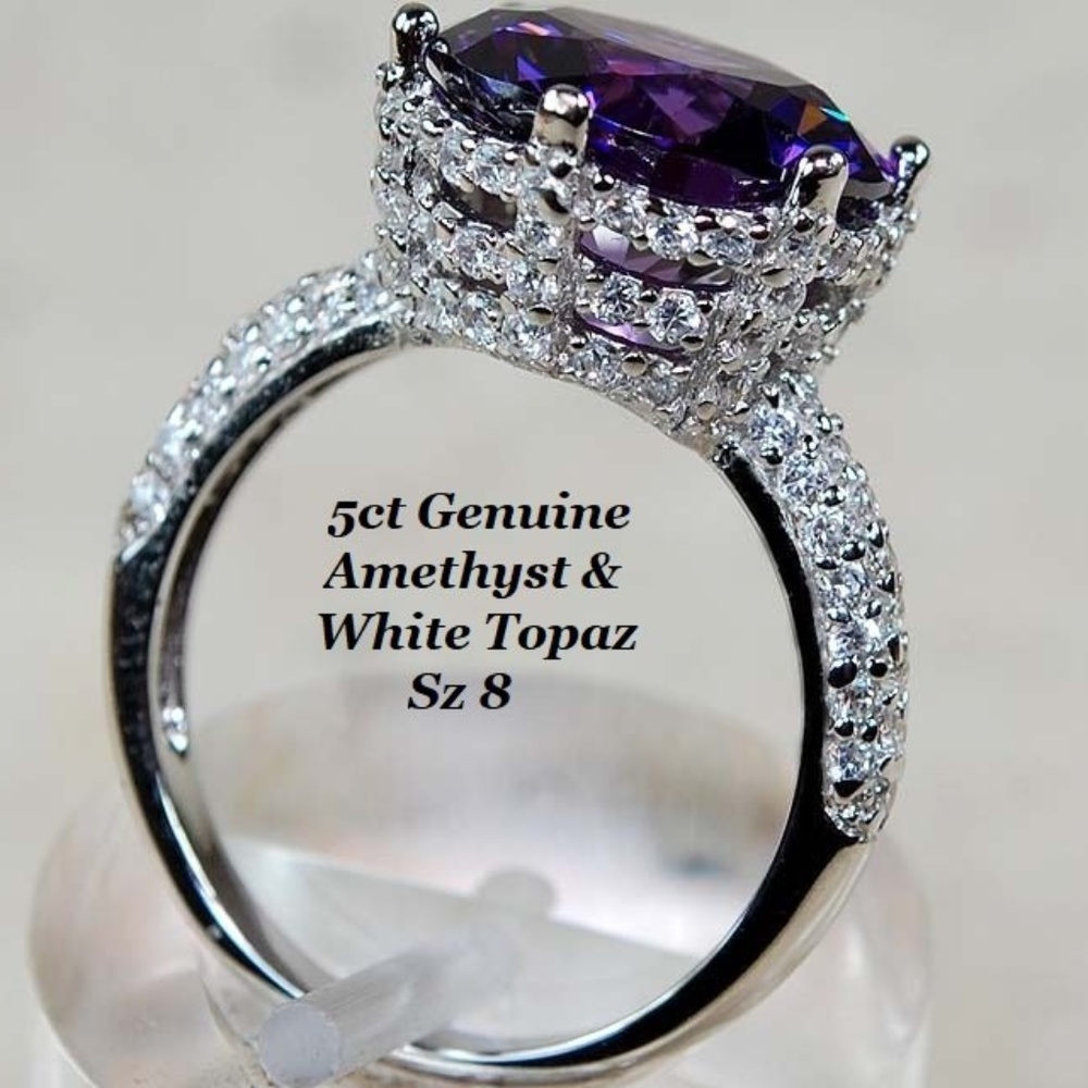 5ct Genuine Amethyst & White Topaz Ring Sz 8